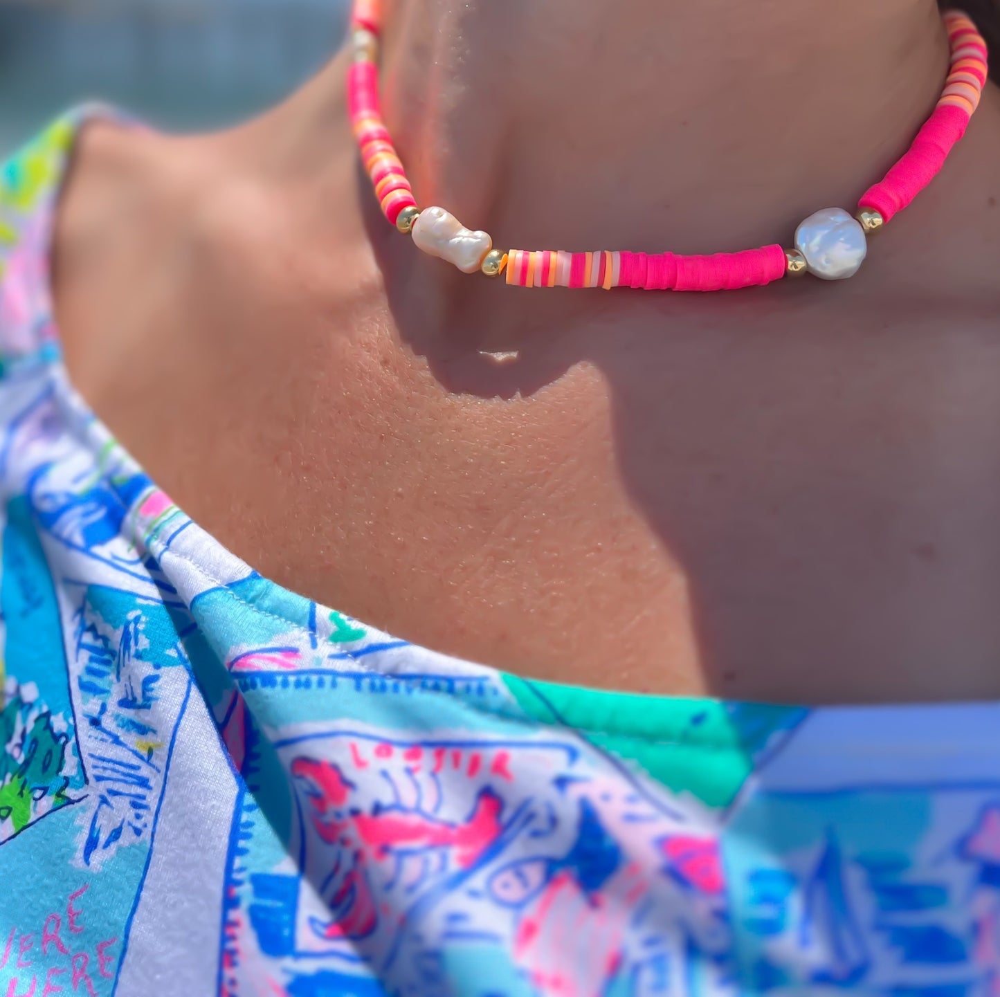 Sparrow & Lilly Summer Brights Heshi and Pearl Necklace -Flamingo Pink π¦©