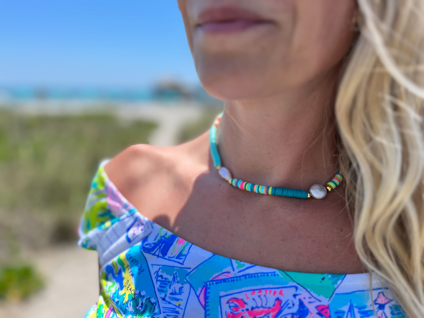 Sparrow & Lilly Summer Brights Pearl and Heshi Necklace - Teal Waters 🌊