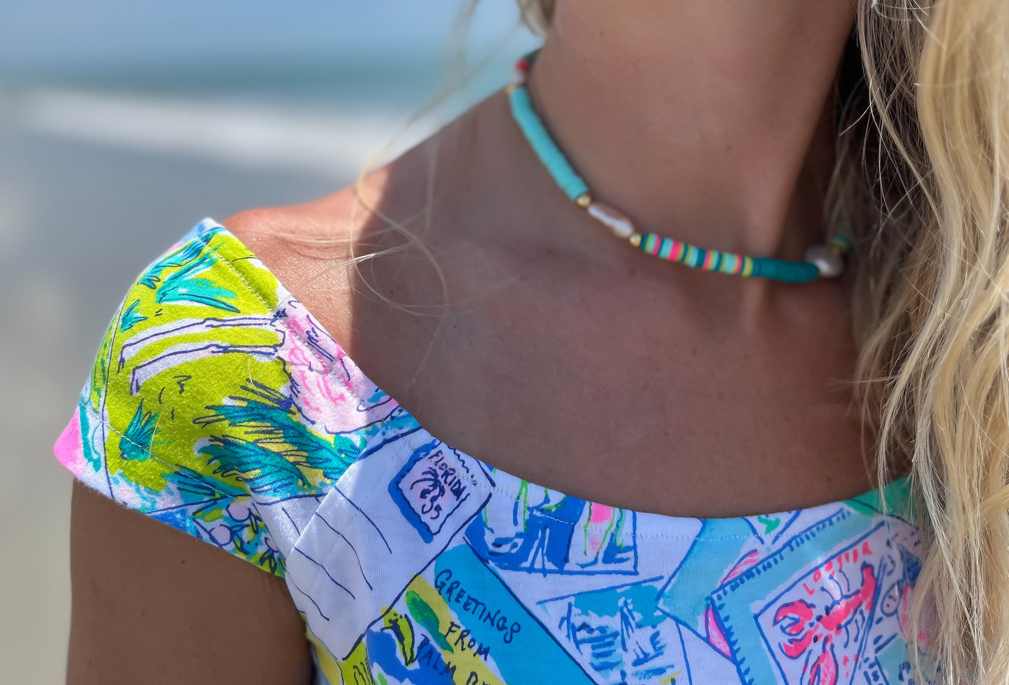 Sparrow & Lilly Summer Brights Pearl and Heshi Necklace - Teal Waters 🌊