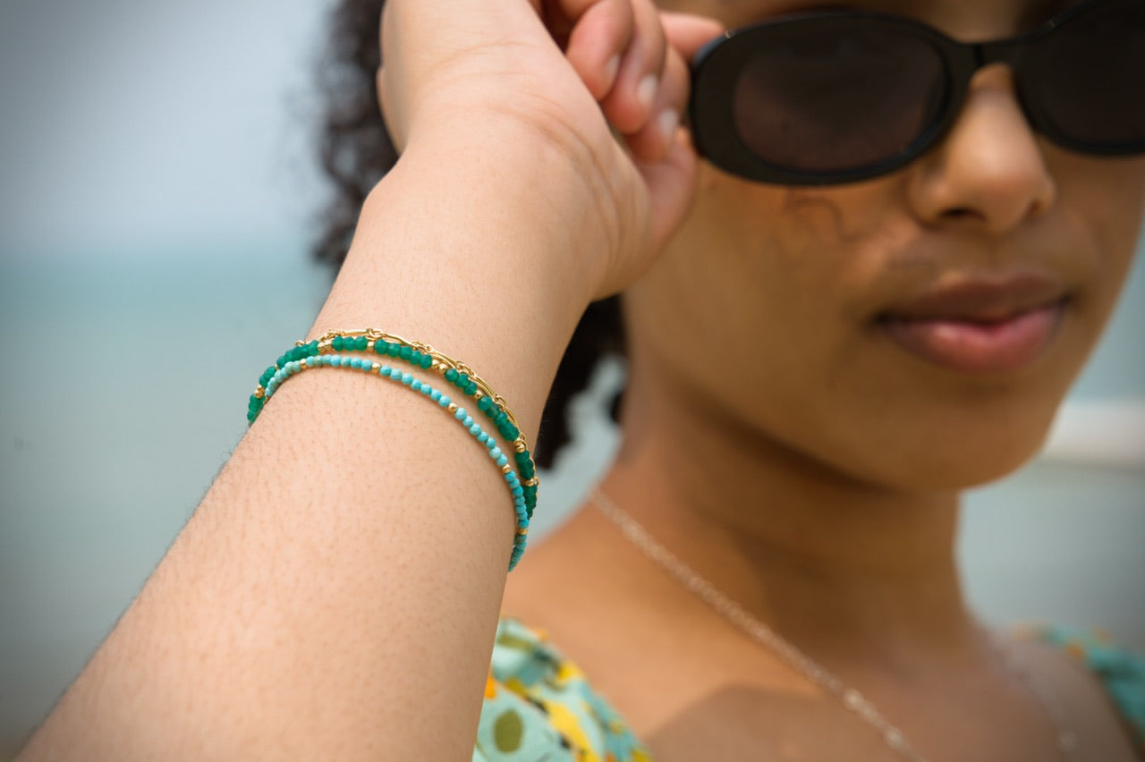 Sparrow & Lilly Green Garnet and Gold Chain layered Bracelet