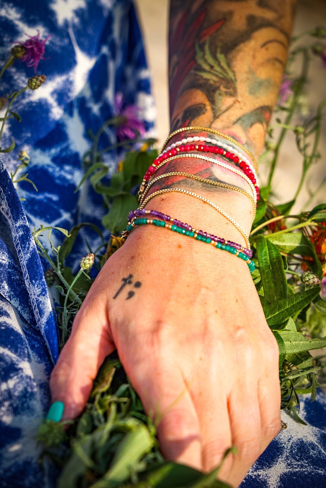 Sparrow & Lilly Green Garnet and Gold Chain layered Bracelet
