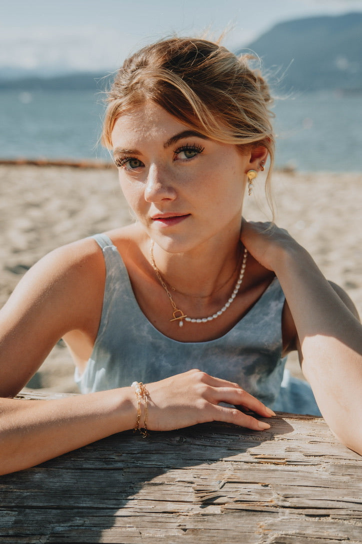 Sparrow & Lilly “Seas the Day” pearl and 14K gold plated paperclip chain Necklace