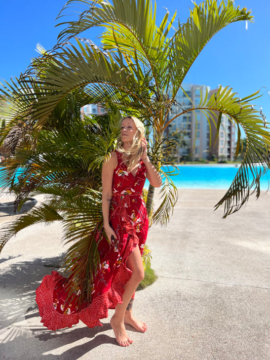 Sparrow & Lilly The Red Dress Summer Floral Wrap Maxi Dress