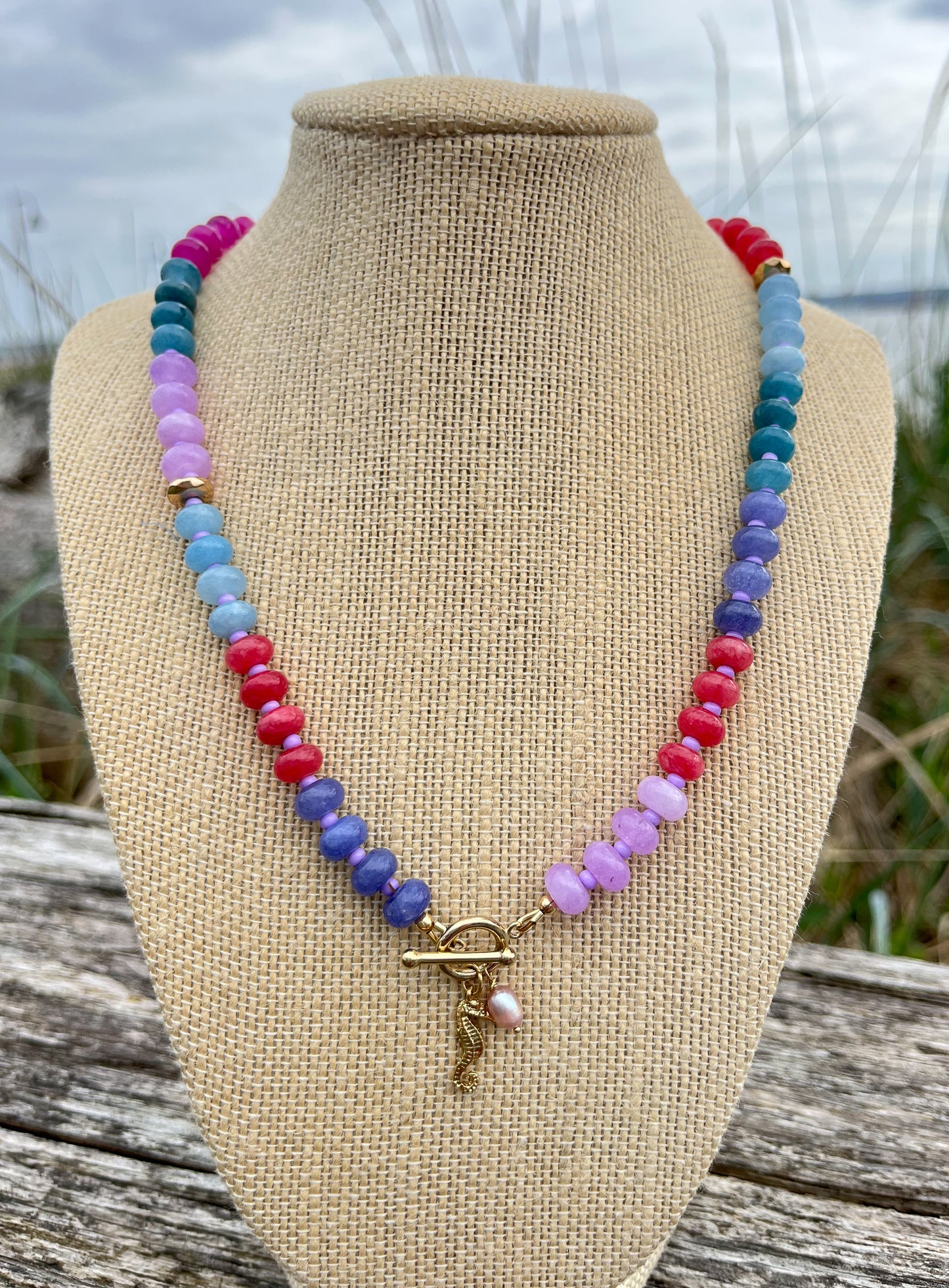 Sparrow and Lilly Jade Seahorse Charm Necklace