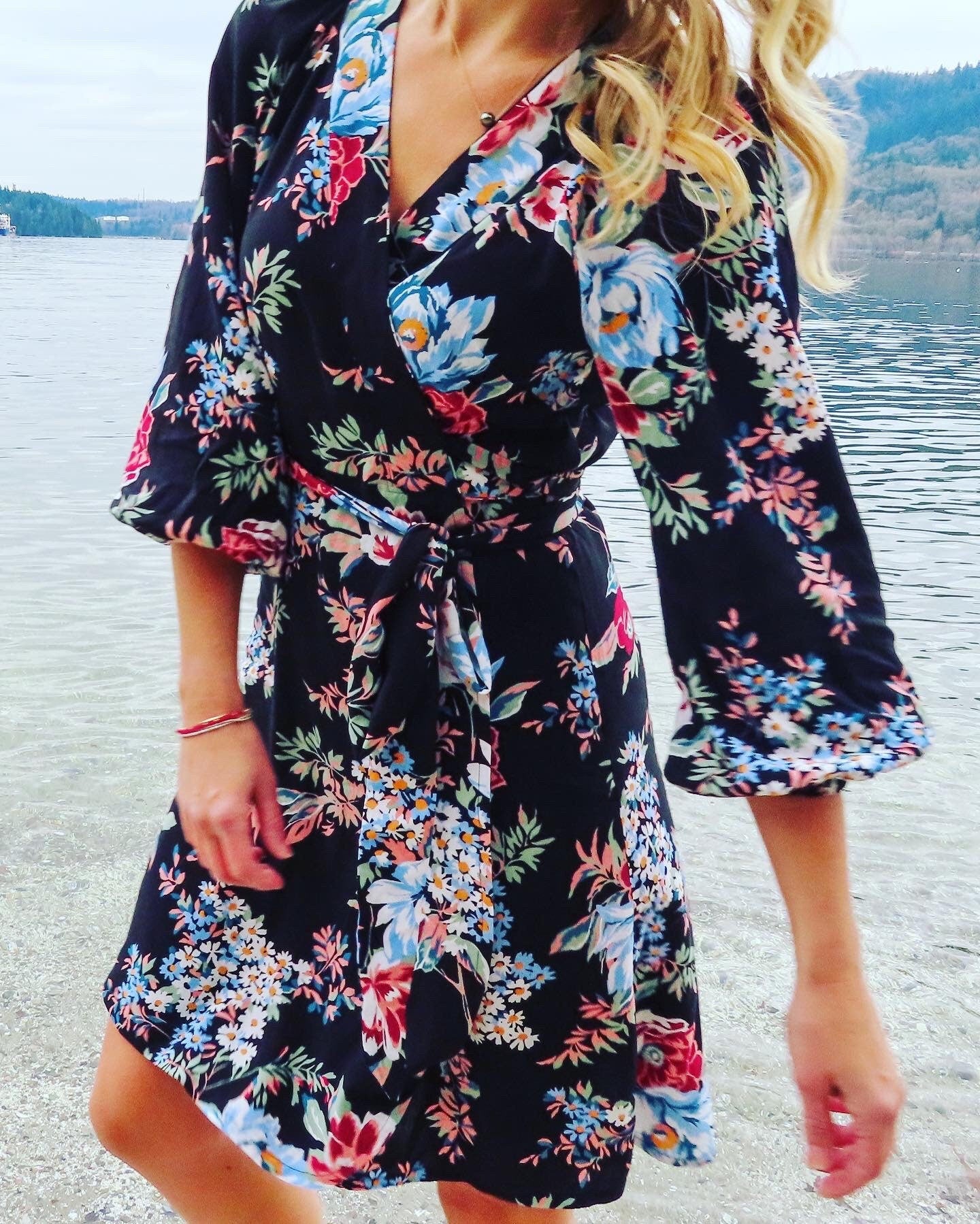 Sparrow & Lilly Black Floral Long Sleeve Wrap Dress