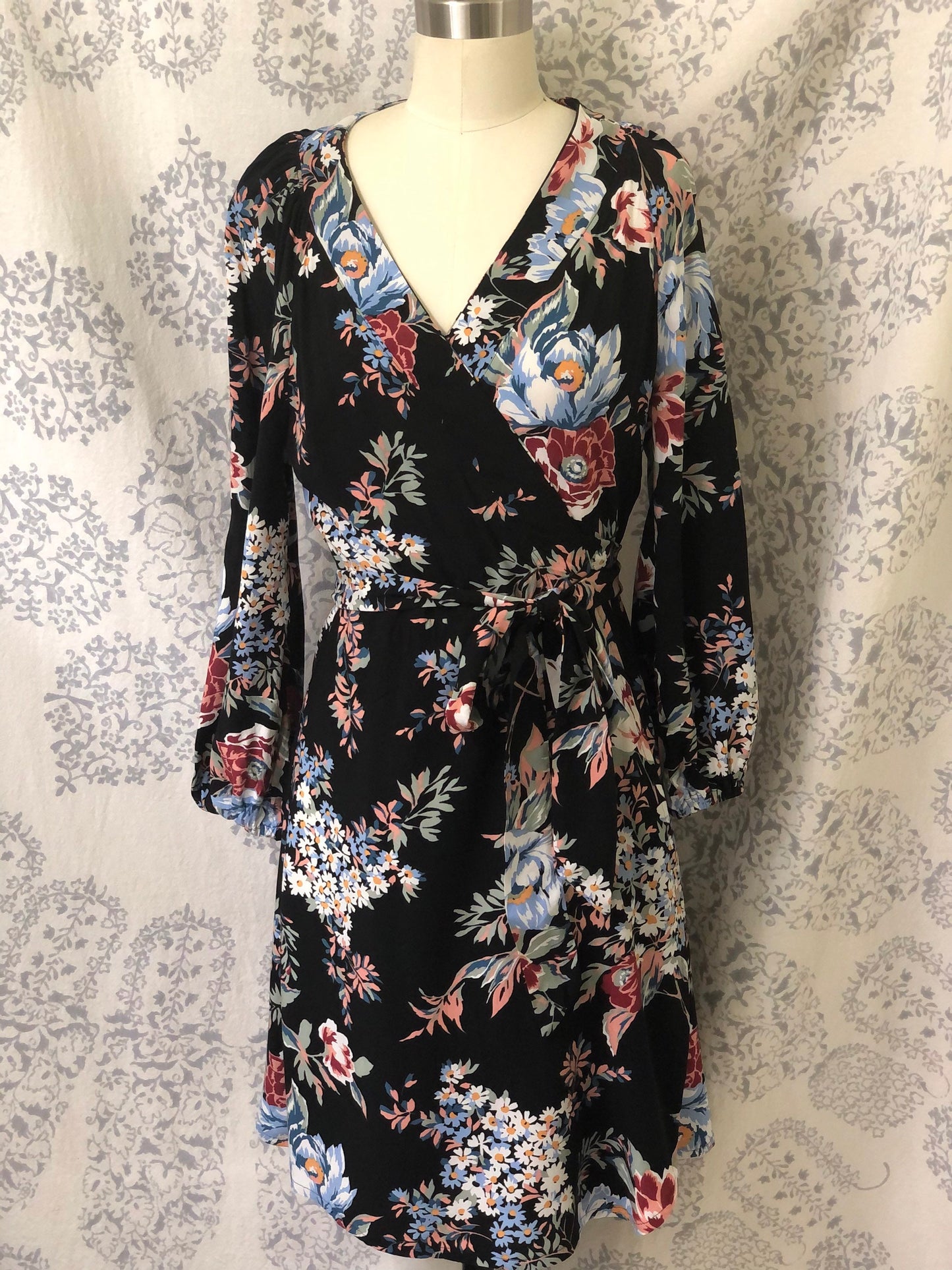 Sparrow & Lilly Black Floral Long Sleeve Wrap Dress