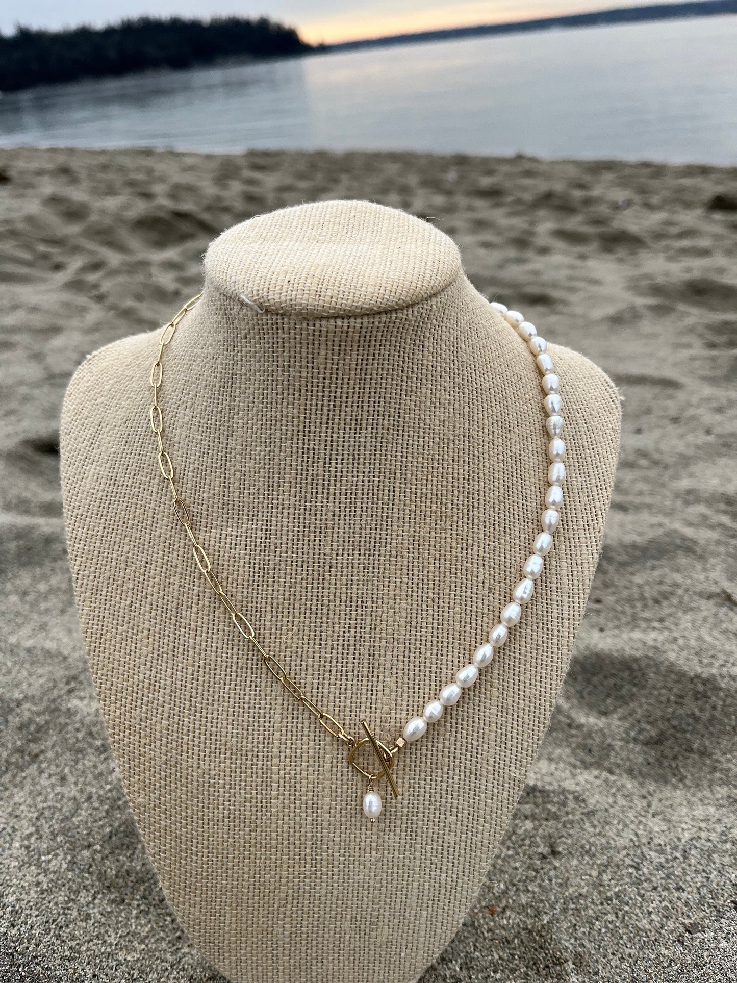 Sparrow & Lilly “Seas the Day” pearl and 14K gold plated paperclip chain Necklace